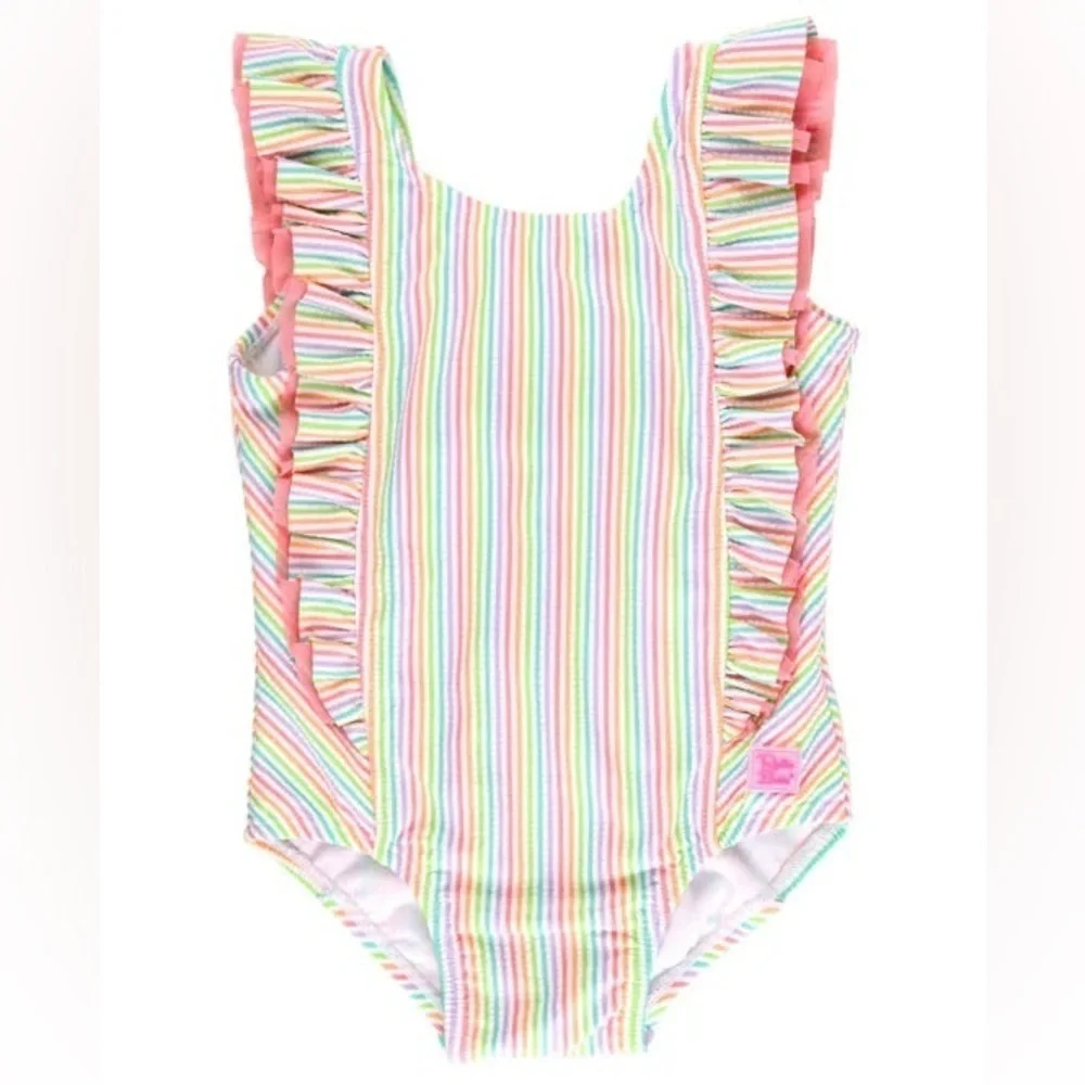 RuffleButts Seersucker Waterfall One Piece Swimsuit pastel bow rainbow girls